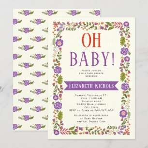 Oh Baby shower paarse & oranje bloemrand Kaart
