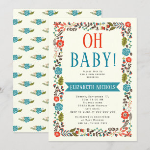 Oh Baby shower rood en blauwgroen moderne bloemenr Kaart