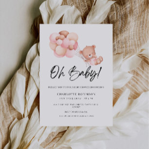 Oh Baby shower Roze Teddy Bear Ballonuitnodiging Kaart