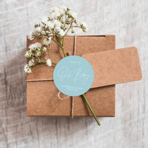 Oh Baby shower script modern bleek blauw elegant Ronde Sticker