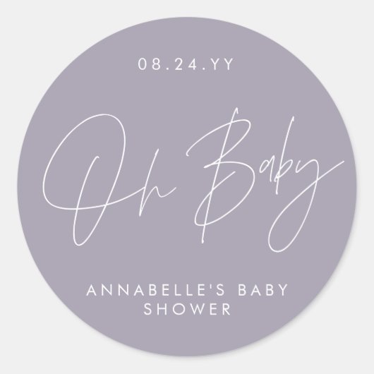 Oh Baby shower script modern lila paars elegant Ronde Sticker (Voorkant)