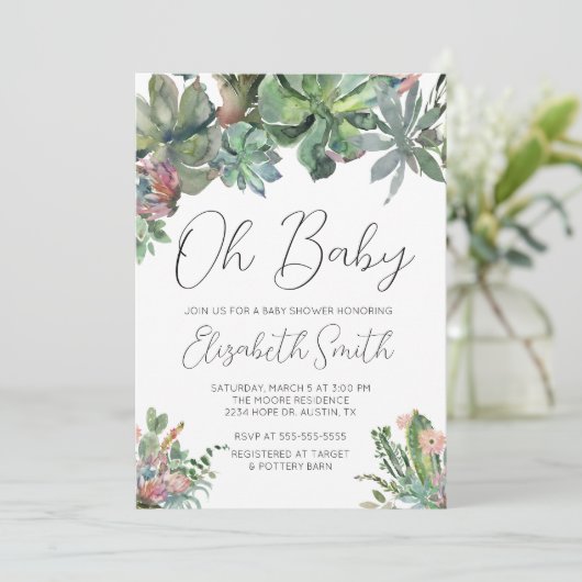 Oh Baby Succulent Baby shower Uitnodiging (Staand voorkant)