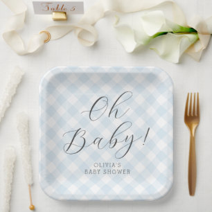 Oh Baby! Sweet Light Blue Gingham-Baby shower Papieren Bordje