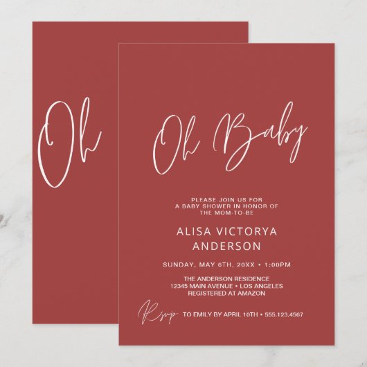Oh Baby Terracotta Eenvoudige Douche Uitnodiging (Voorkant / Achterkant)