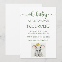 OH BABY UITNODIGING MET BABY OLIFANT MET EEN KROON