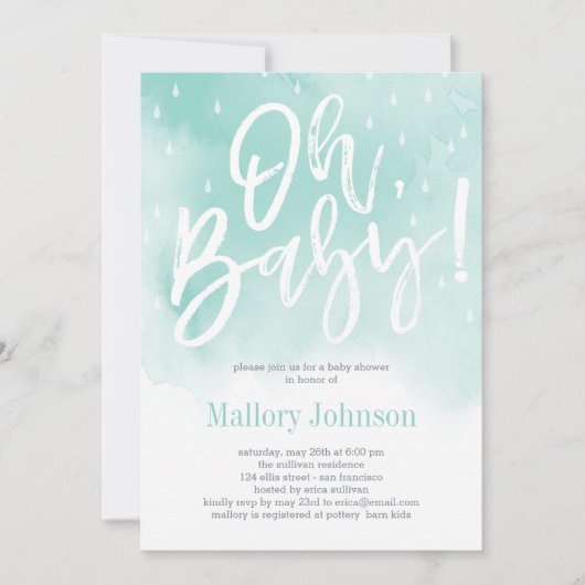 Oh Baby Watercolor Baby shower Invitation Bleu (Devant)