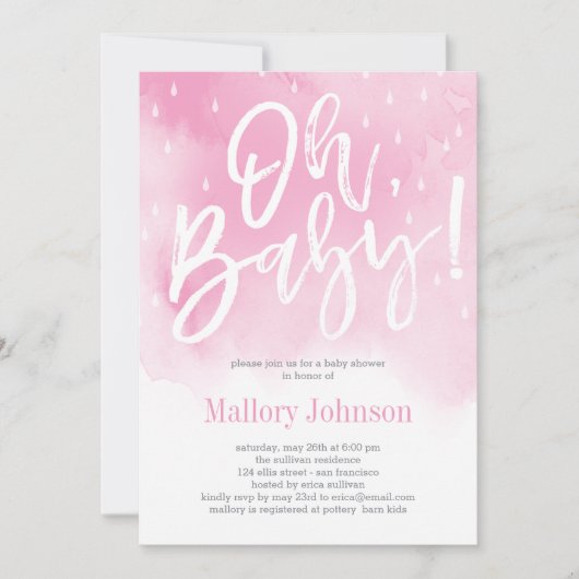 Oh Baby Watercolor Baby shower Invitation rose (Devant)