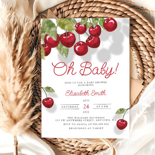 Oh Baby Watercolor Cherry Baby shower Invitation