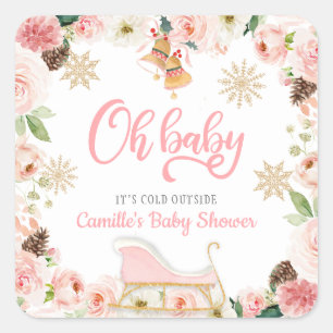 Oh Baby Winter Pink Girl Baby shower Favor Vierkante Sticker