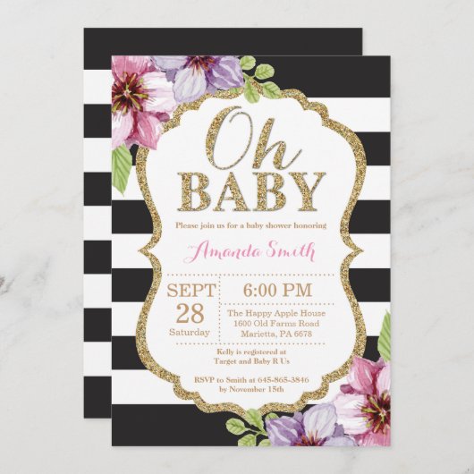 Oh Baby Zwart en Goud Baby Shower Uitnodiging (Voorkant / Achterkant)