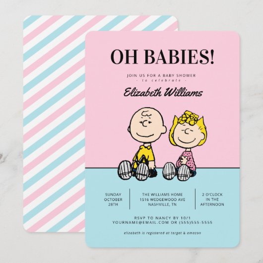 Oh baby's! Peanuts Twins Baby shower Invitation Kaart (Voorkant / Achterkant)