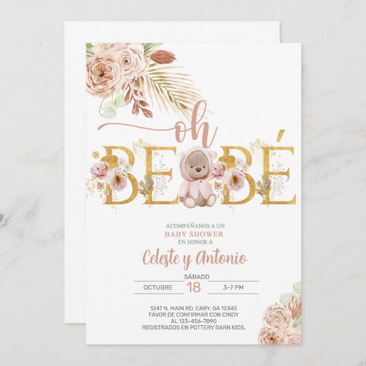Oh bebé boho ours fille baby shower invitation esp (Devant / Derrière)