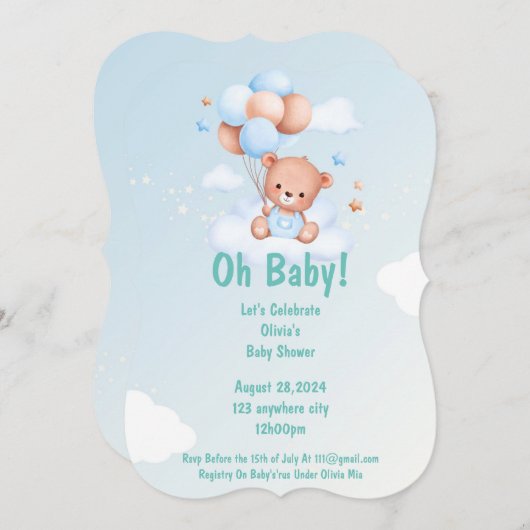 OH BÉBÉ TEDDY OURS BABY SHOWER INVITATION POUR LES (Devant / Derrière)