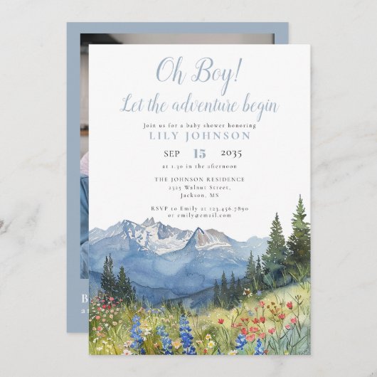 Oh Boy Adventure Begin Photo QR Code Baby Shower Kaart (Voorkant / Achterkant)