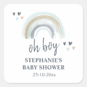 Oh Boy Baby shower Blue Boho Rainbow Square Sticke Vierkante Sticker
