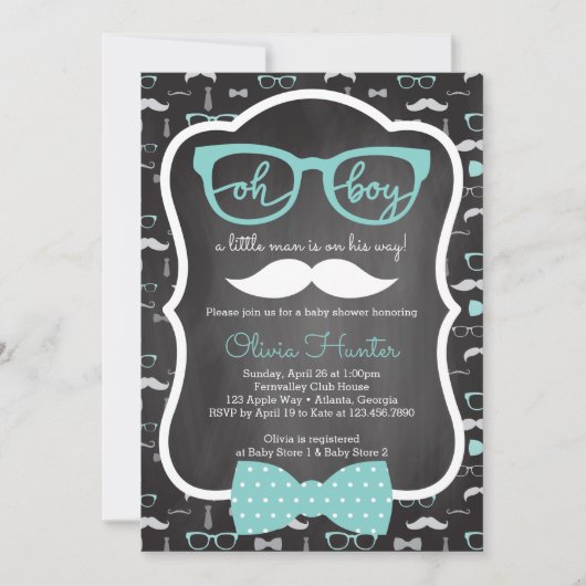 Oh Boy Baby shower Invitation, blauw, grijs Kaart (Voorkant)