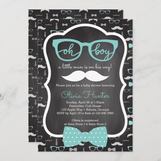 Oh Boy Baby shower Invitation, blauw, grijs Kaart (Voorkant / Achterkant)