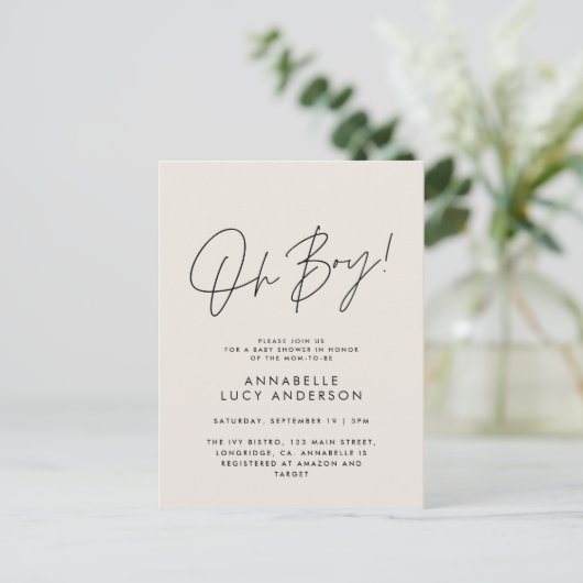 Oh Boy Baby shower Script Cream Elegant Briefkaart (Staand voorkant)