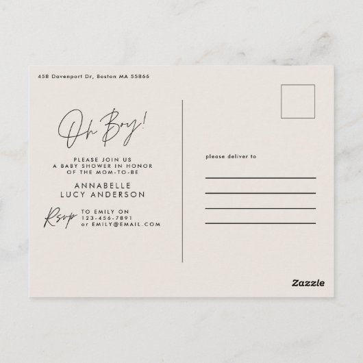 Oh Boy Baby shower Script Cream Elegant Briefkaart (Achterkant)