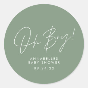 Oh Boy Baby shower Script Groen Elegant Ronde Sticker