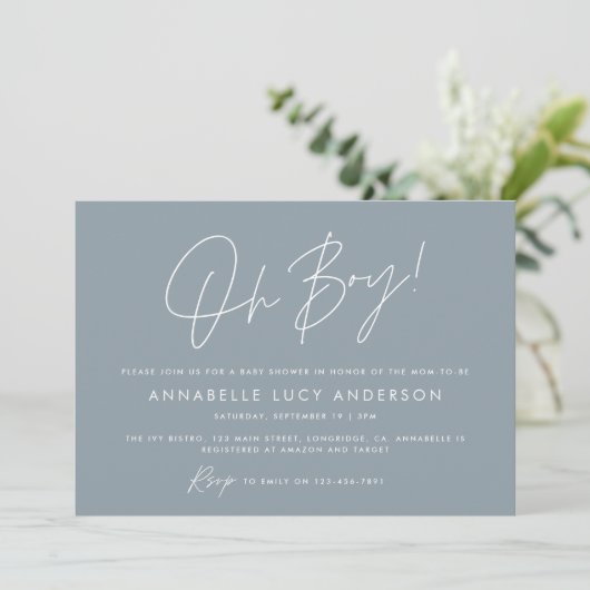Oh Boy Baby shower Script Modern Blue Boho Kaart (Staand voorkant)