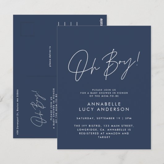 Oh Boy Baby shower Script Navy Blue Elegant Briefkaart (Voorkant / Achterkant)