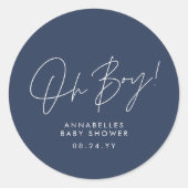 Oh Boy Baby shower Script Navy Blue Elegant Ronde Sticker (Voorkant)