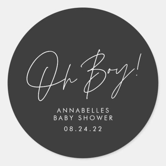 Oh Boy Baby shower Script Zwart Elegant Ronde Sticker (Voorkant)