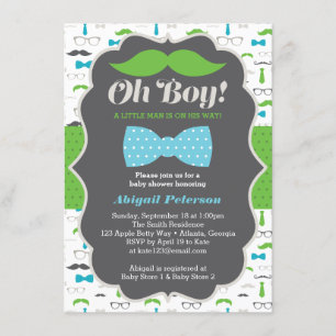 Oh Boy Baby shower Uitnodiging, Blauw, Groen Kaart