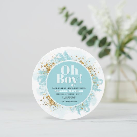Oh Boy Baby Shower Waterverf Glitter Ronde Kaart (Staand voorkant)
