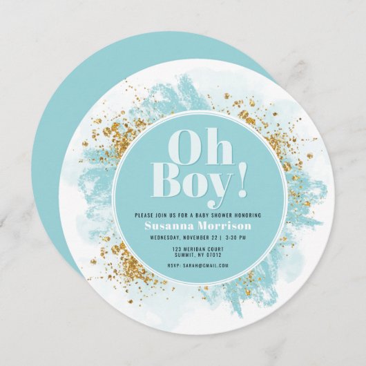 Oh Boy Baby Shower Waterverf Glitter Ronde Kaart (Voorkant / Achterkant)