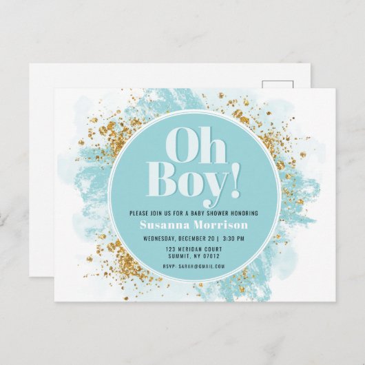 Oh Boy Baby shower Waterverf Glitter Uitnodiging P (Voorkant / Achterkant)
