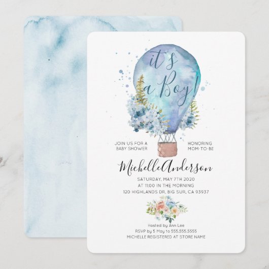 Oh Boy Balloon Baby shower Invitation Kaart (Voorkant / Achterkant)