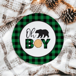 Oh Boy Beer groen Buffalo Plaid Baby shower Papieren Bordje