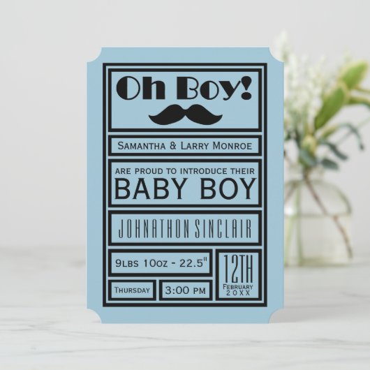 Oh Boy Black Mustache New Baby Boy Aankondiging (Staand voorkant)