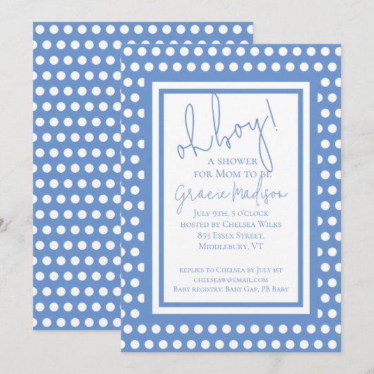 Oh Boy Blue and White Boy Baby shower Invitation (Devant / Derrière)