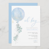 Oh Boy Blue Balloon Baby shower Invitation (Devant / Derrière)