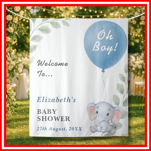 Oh Boy Blue Balloon Elephant Baby Shower Backdrop Wandkleed