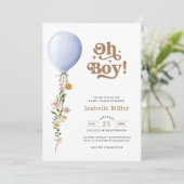 Oh Boy Blue Balloon Floral Baby shower Invitation (Debout devant)