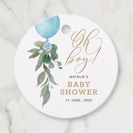 Oh Boy Blue Balloon Greenery Baby shower Bedankjes Labels (Voorkant)