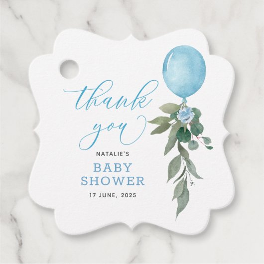 Oh Boy Blue Balloon Greenery Baby shower Bedankjes Labels (Voorkant)