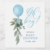 Oh Boy Blue Balloon Greenery Baby shower Wijn Etiket (Enkel label)