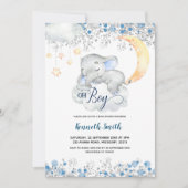 Oh Boy Blue Elephant Baby shower Invitation (Devant)