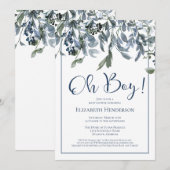 Oh Boy Blue Floral Green Baby shower Invitation (Devant / Derrière)