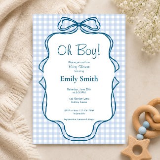 Oh Boy Blue Gingham Baby Shower Uitnodiging