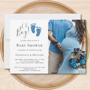 Oh Boy Blue Glitter Feet Photo Couples Baby shower Kaart