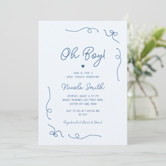 Oh Boy Blue Hand Drawn French Boy Baby shower Kaart (Staand voorkant)