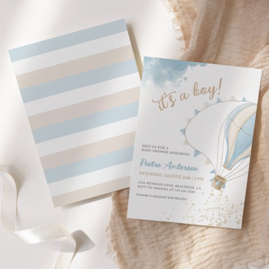 Oh Boy Blue Hot Air Balloon Baby shower Invitation