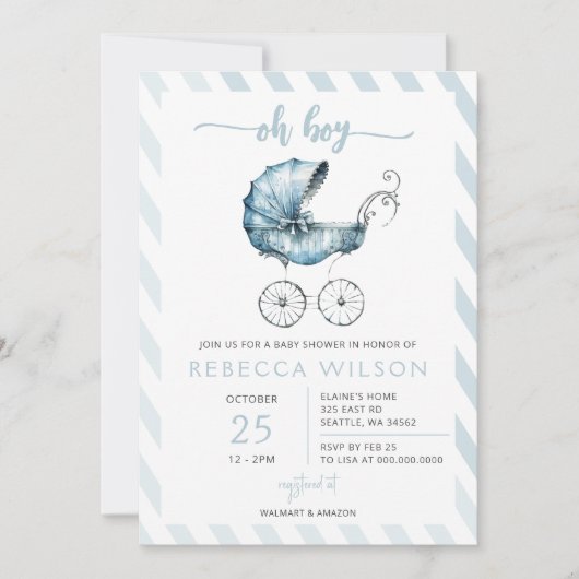 Oh Boy Blue Stroller Pram Boy Baby shower Kaart (Voorkant)