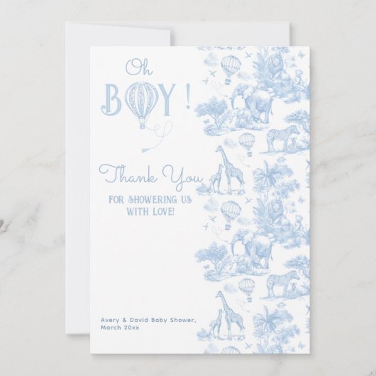 Oh Boy Blue Toile Safari Animal Baby shower Bedankkaart (Voorkant)